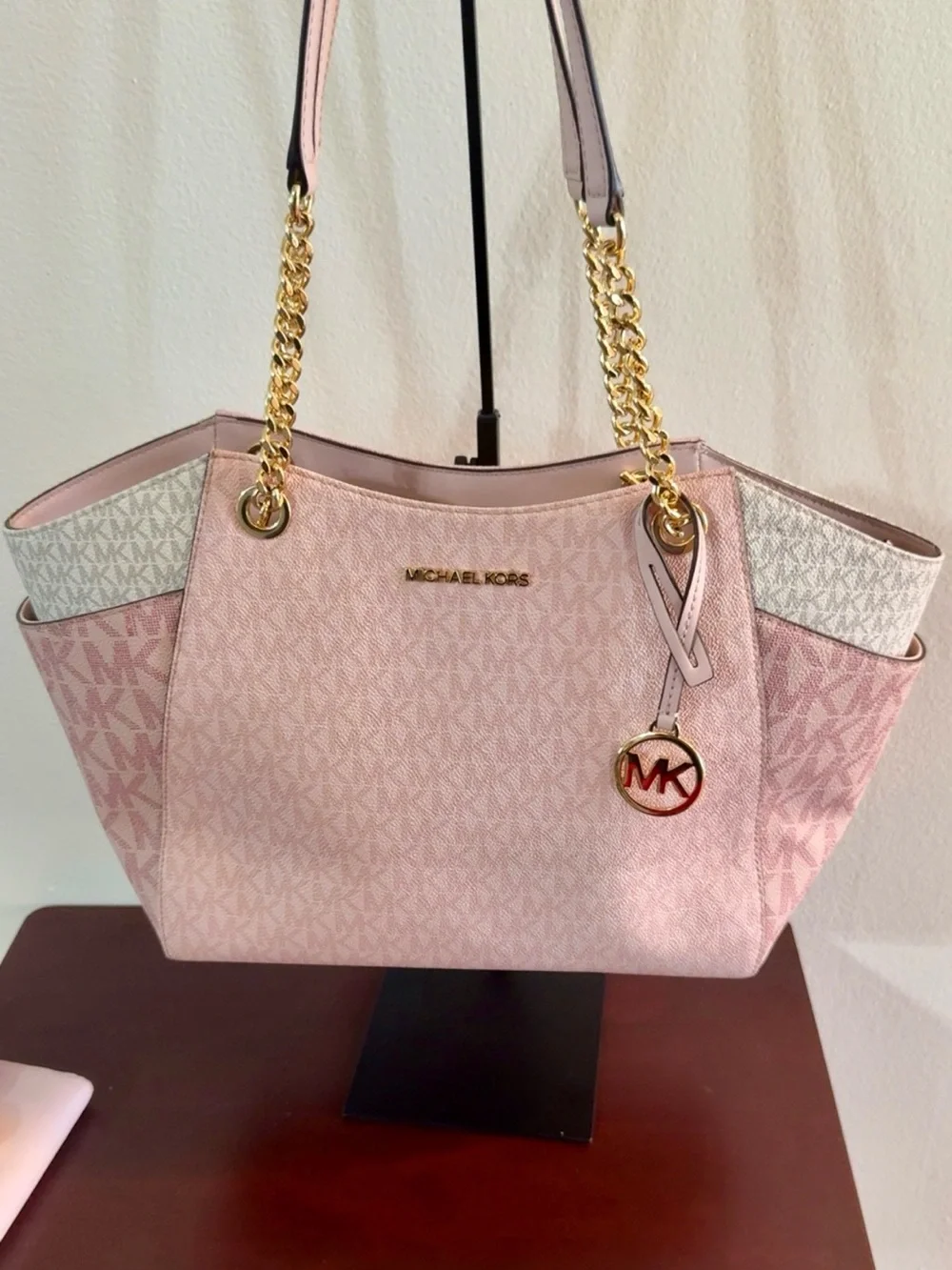 Michael Kors Pink and White MK Signature Chain Tote - Picture 1 of 7
